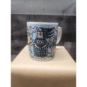 Napcoware Coffee Mug Vintage Folk Art Sun Girl Flowers Trees Figures Japan